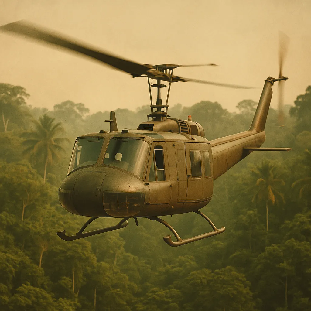 Try solving a puzzle that shows a classic helicopter hovering above a misty tropical rainforest.
