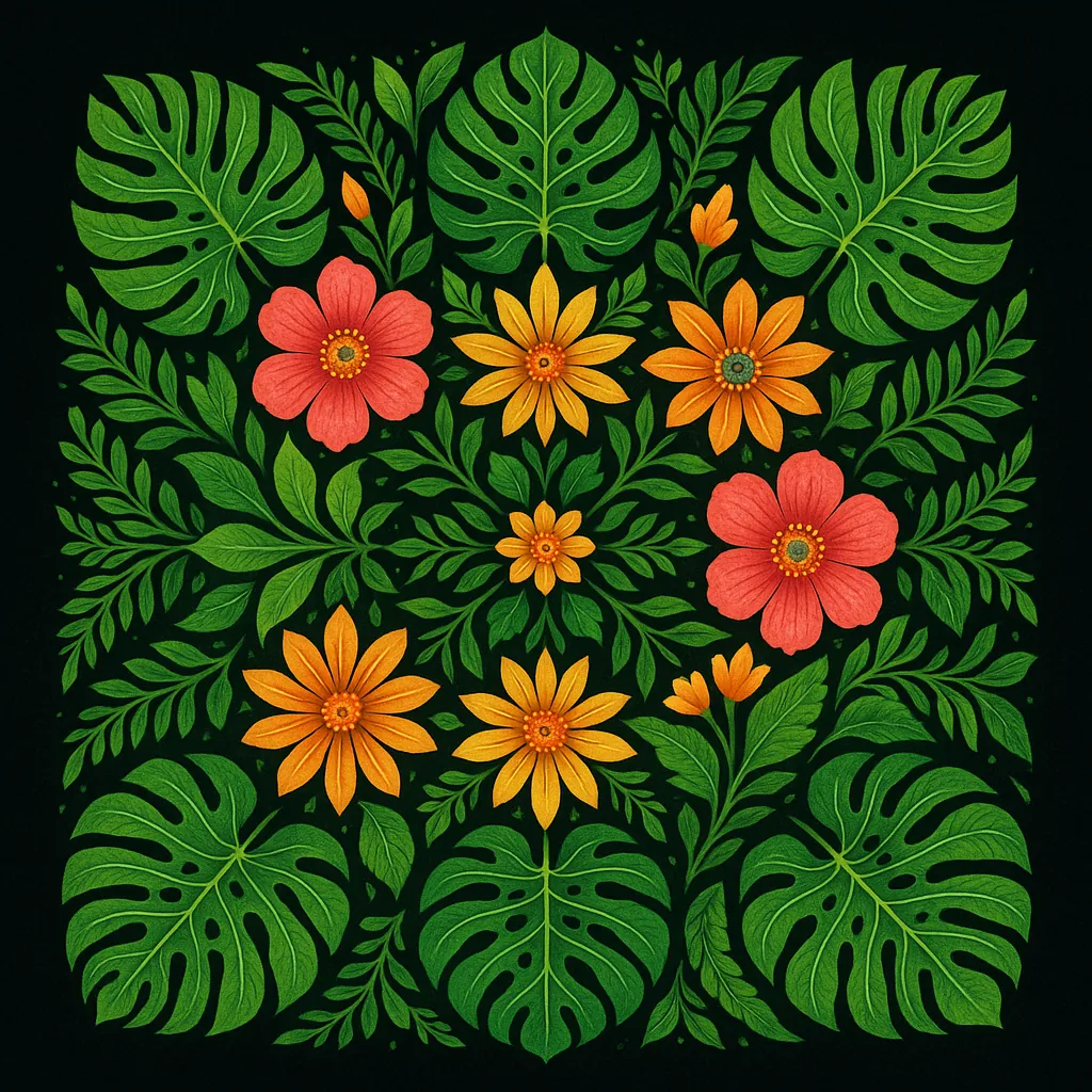 Enjoy an online jigsaw puzzle designed for browser play, featuring a lush floral scene of tropical leaves and bright blooms.