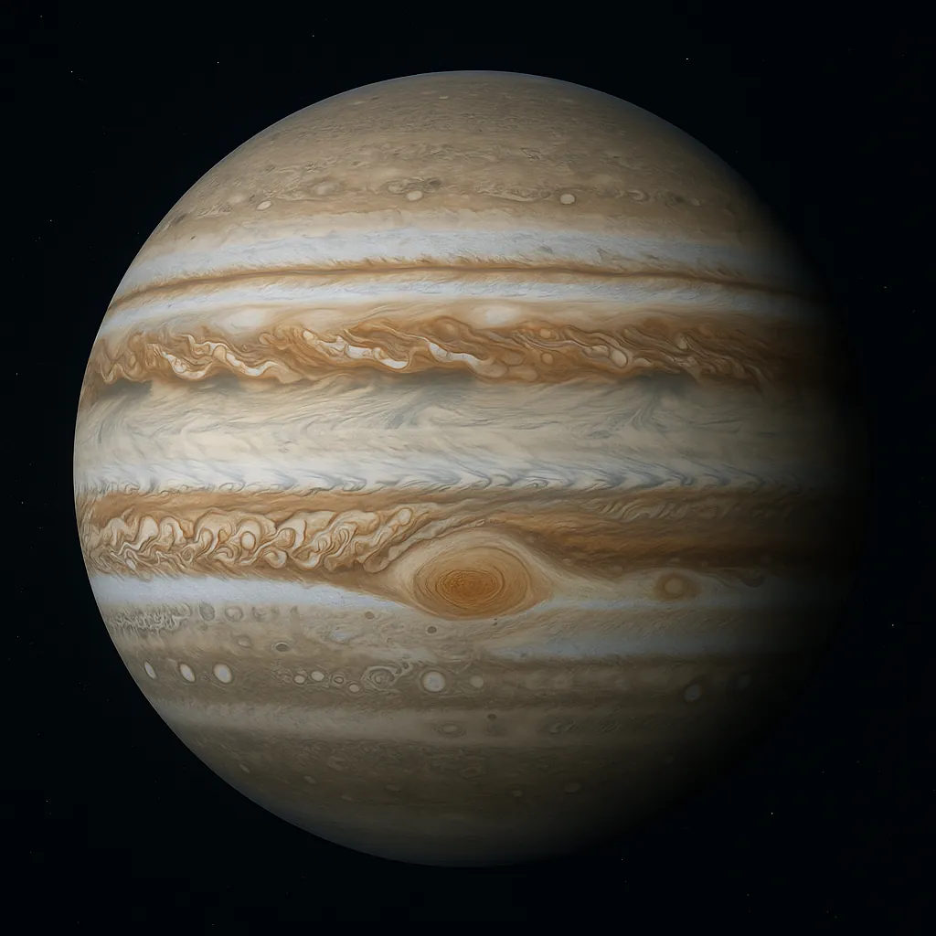 Discover a puzzle with a stunning close-up of Jupiter, showing its swirling bands of warm browns, soft creams, and pale blues set against the deep black of spac
