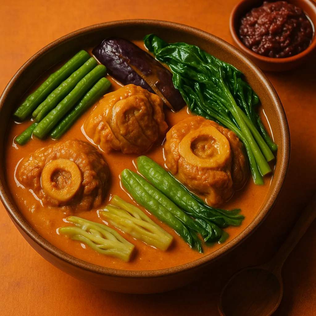 Discover a puzzle with a warm bowl of orange-red curry crowned by plump dumplings and an array of glossy green vegetables, perfect for PuzzleFree.Game.