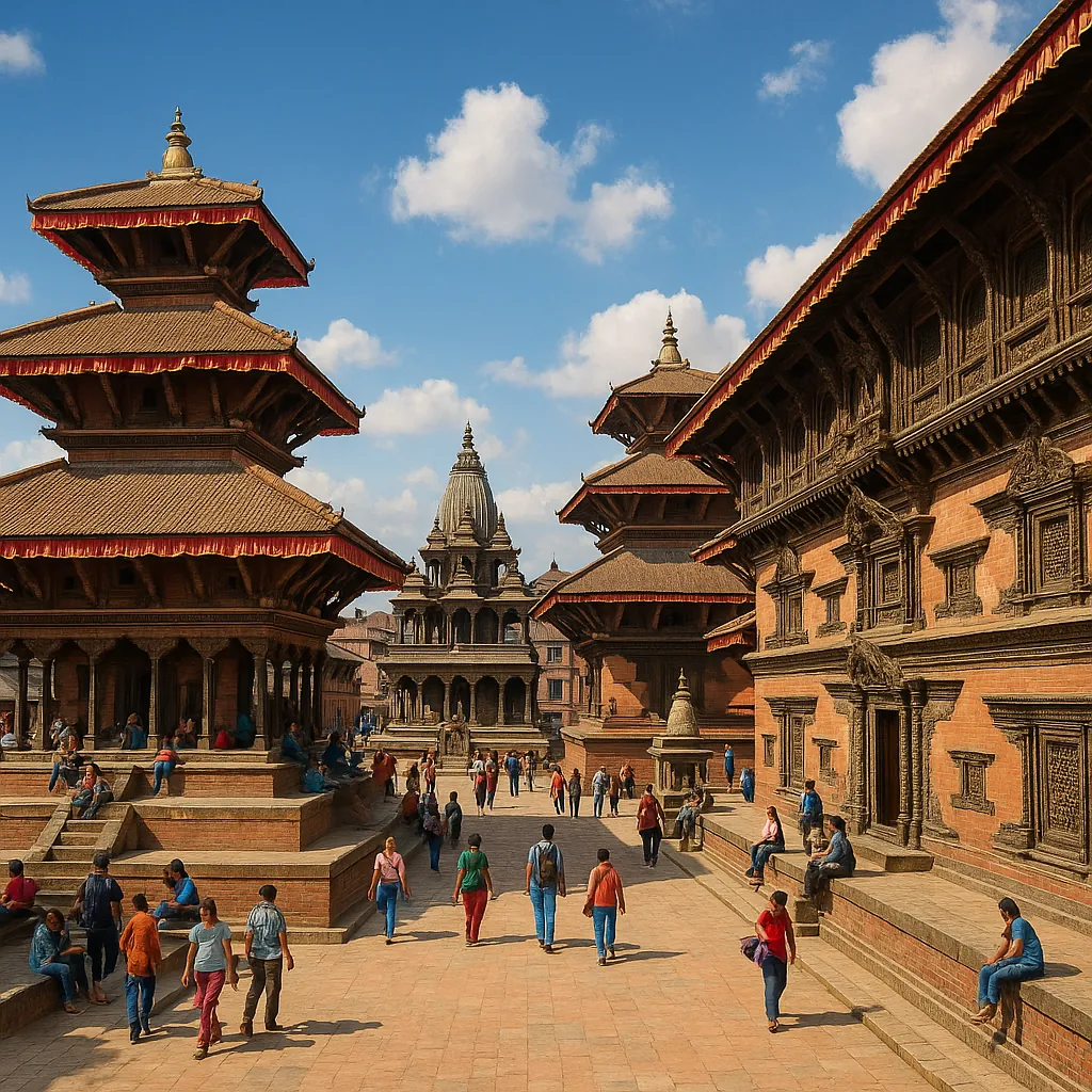Discover a puzzle with a sunlit historic square filled with tiered pagoda-style temples, carved brick facades, and scattered visitors strolling or resting on st