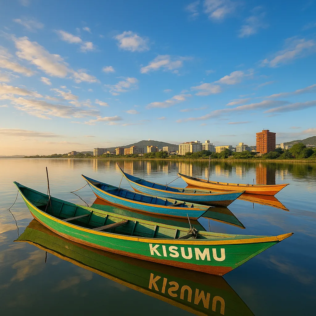Enjoy assembling a puzzle depicting colorful wooden boats moored on a glassy lake at sunrise, the lead boat branded "KISUMU" in bold white letters.