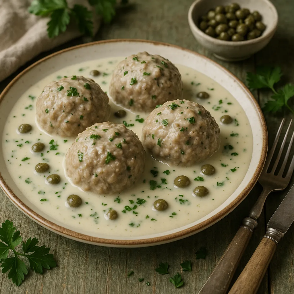Enjoy assembling a puzzle depicting a cozy plate of tender meatballs nestled in a silky cream sauce, dotted with capers and fresh parsley.