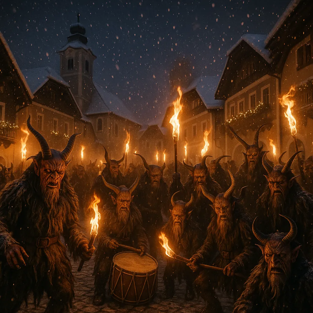 Discover a puzzle with a dramatic winter night scene showing a lantern-lit procession of horned, fur-clad figures marching through a snow-dusted village square.