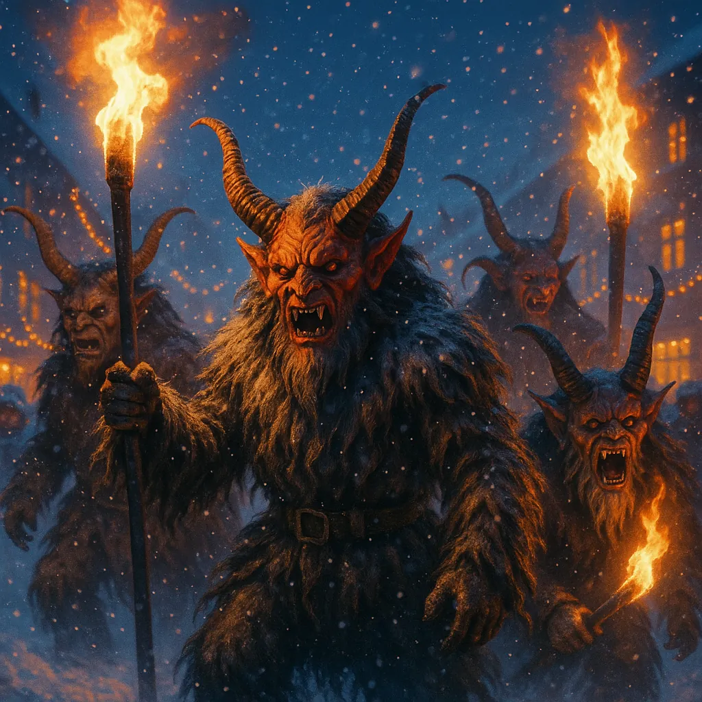 Discover a puzzle with a dramatic winter night scene showing horned, fur-clad folkloric figures carrying blazing torches through softly falling snow.
