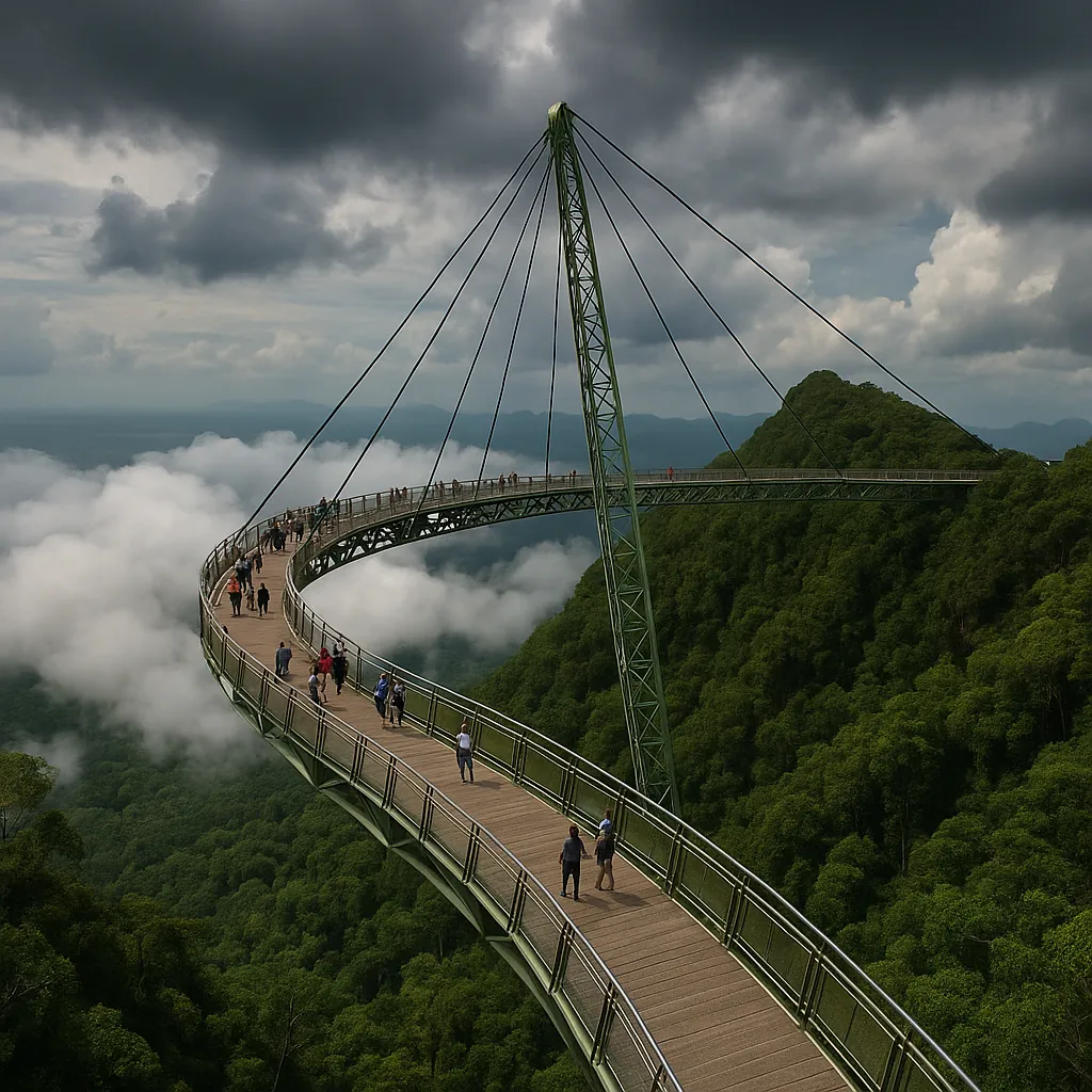 Enjoy assembling a puzzle depicting a graceful, curved skybridge suspended above lush green mountains and drifting clouds.