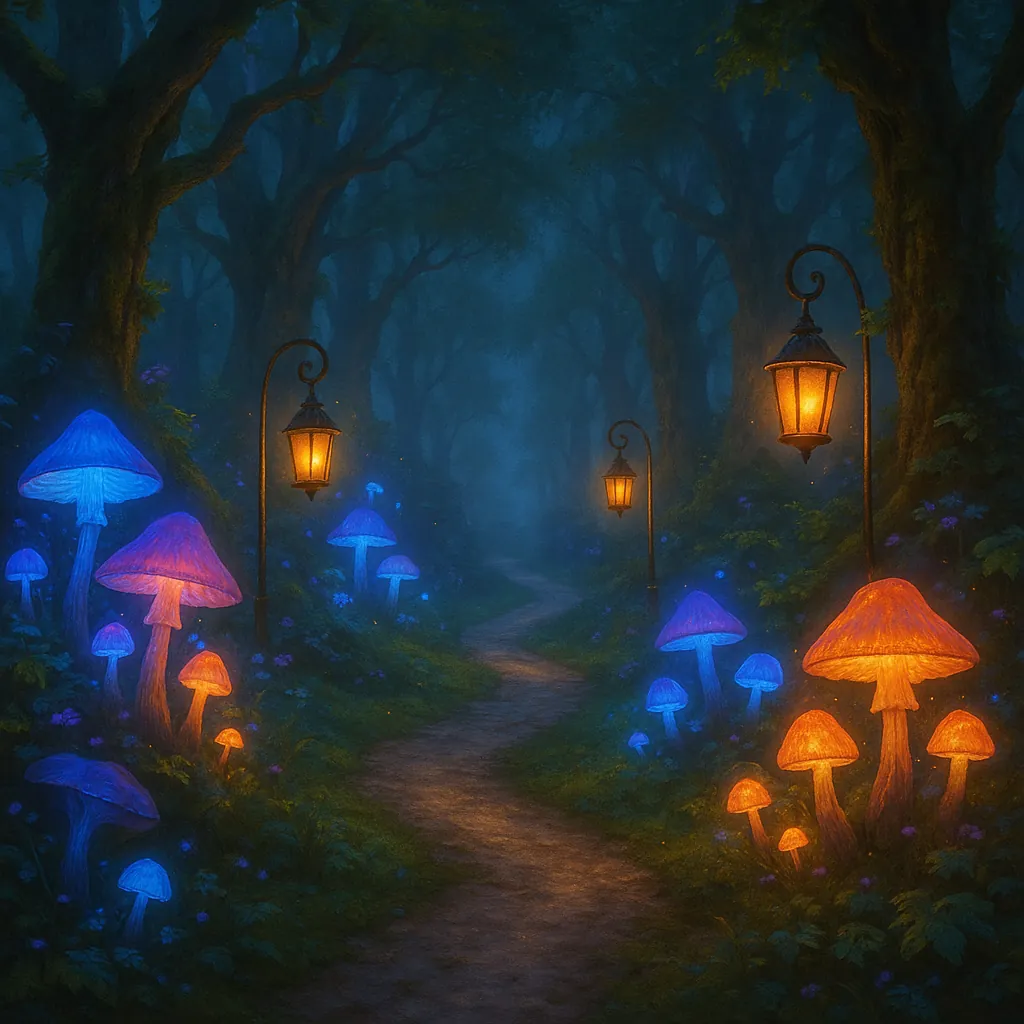 Discover a puzzle with a moonlit, enchanted forest path lined by glowing blue and amber mushrooms and softly glowing antique lampposts.