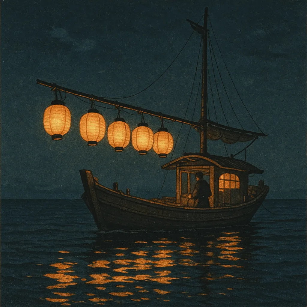 Discover a puzzle with a tranquil lantern-lit fishing boat drifting on a calm night sea, perfect for PuzzleFree.Game.
