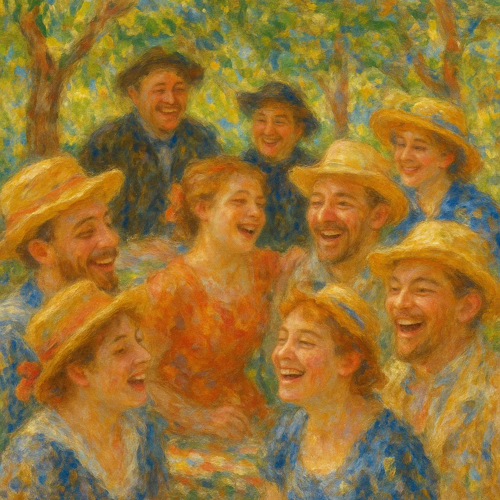 Discover a puzzle with a sunlit gathering of laughing friends captured in soft, impressionist brushstrokes.