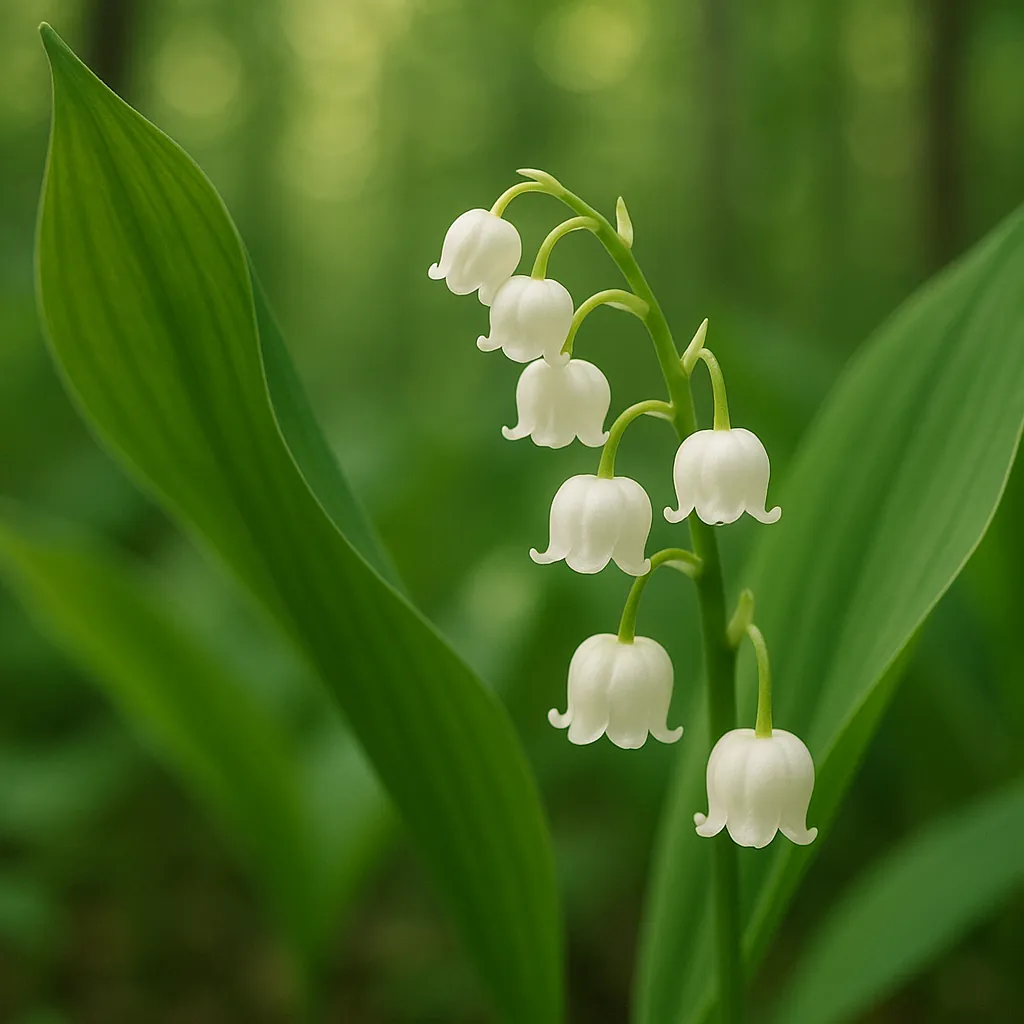 Discover a puzzle with a close-up of delicate white lily-of-the-valley blooms gently arching against a soft, sun-dappled green woodland background.