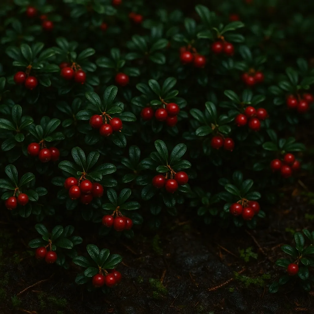 Discover a puzzle with a close-up of glossy dark-green leaves dotted with clusters of bright red berries against a soft, shadowy forest floor.