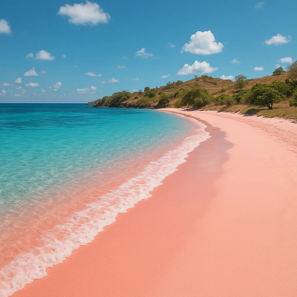 Enjoy assembling a puzzle depicting a serene pink-sand beach where gentle turquoise waves lap a sunlit shoreline beneath a bright blue sky.