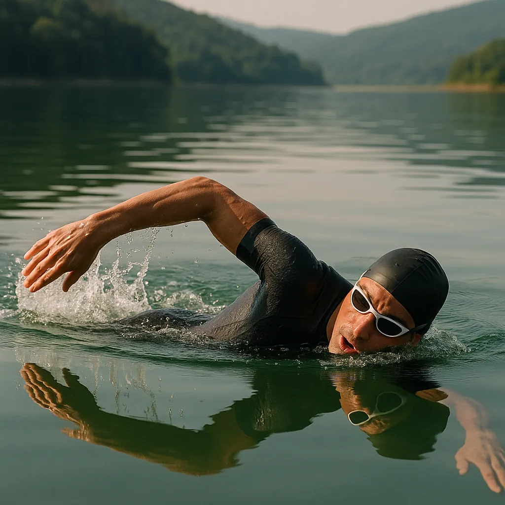 This online jigsaw puzzle features a serene outdoor swimming scene combining sport and nature for a relaxing browser play experience.