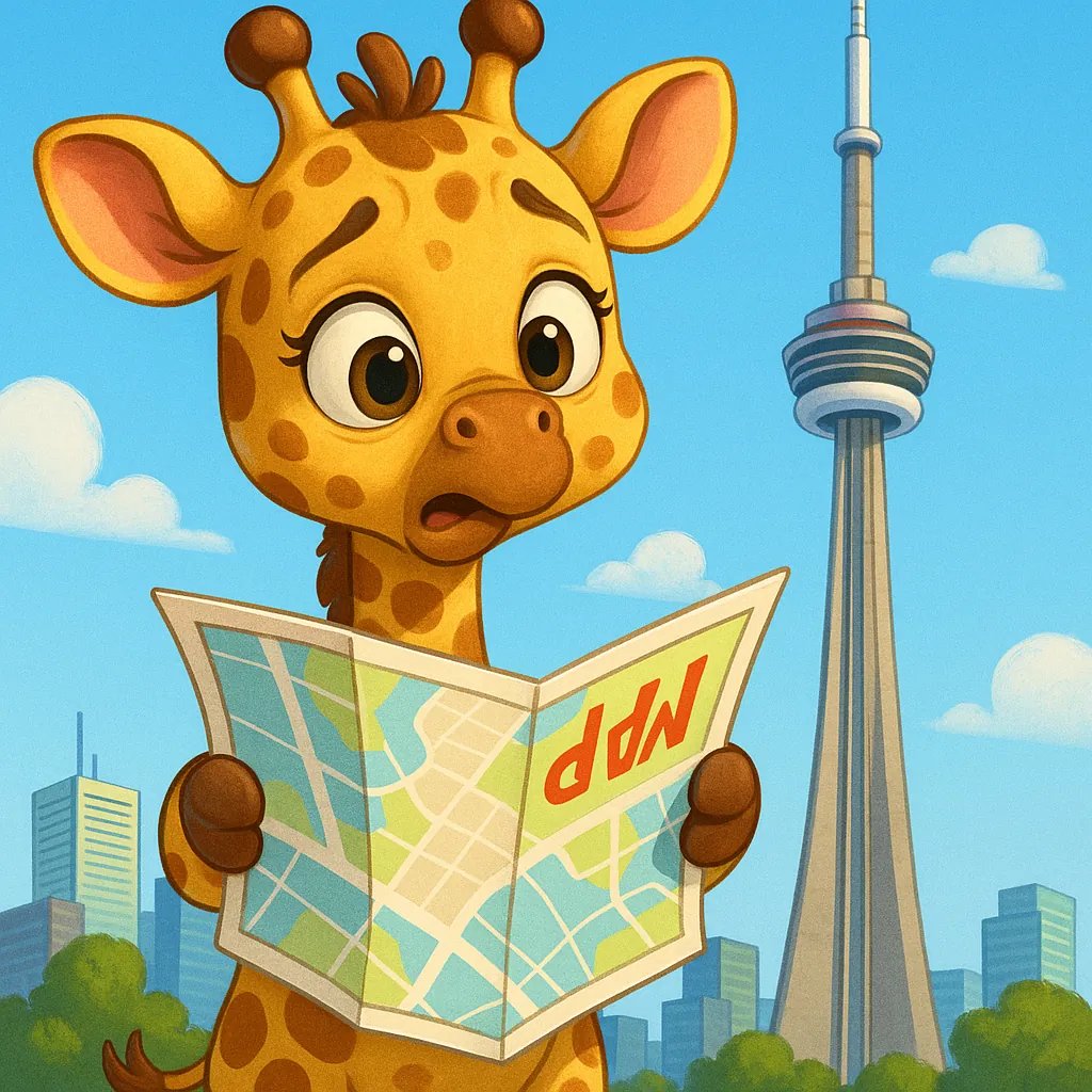 Try solving a puzzle that shows a wide-eyed, cartoon giraffe holding a folded map in front of a sunny city skyline with a tall observation tower rising into a b