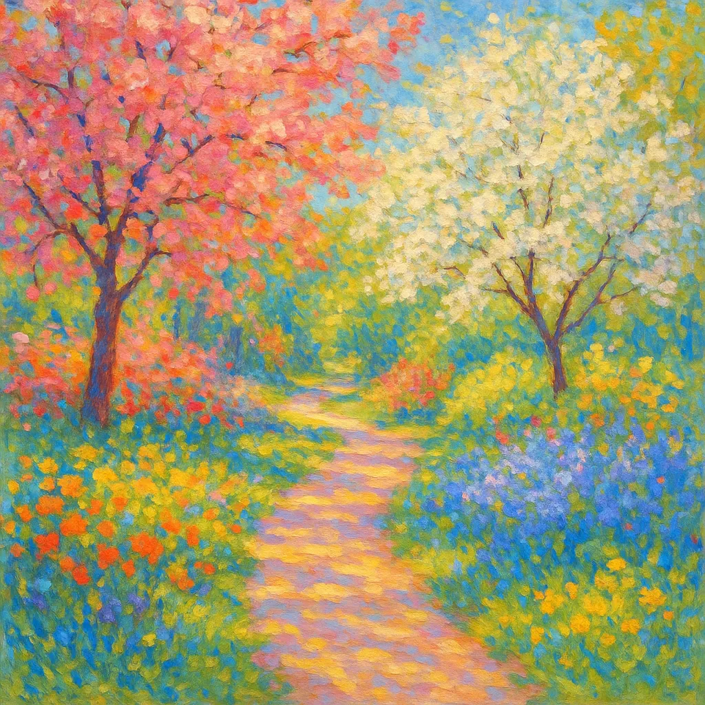 Discover a jigsaw puzzle with a sunlit garden path winding between two blossoming trees, perfect for PuzzleFree.Game.