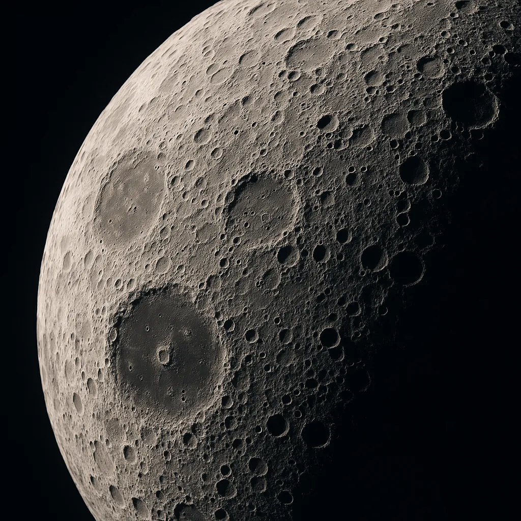 Discover a puzzle with a close-up view of the moon's cratered surface, where soft grayscale and warm sepia tones reveal deep shadows, textured ridges, and drama