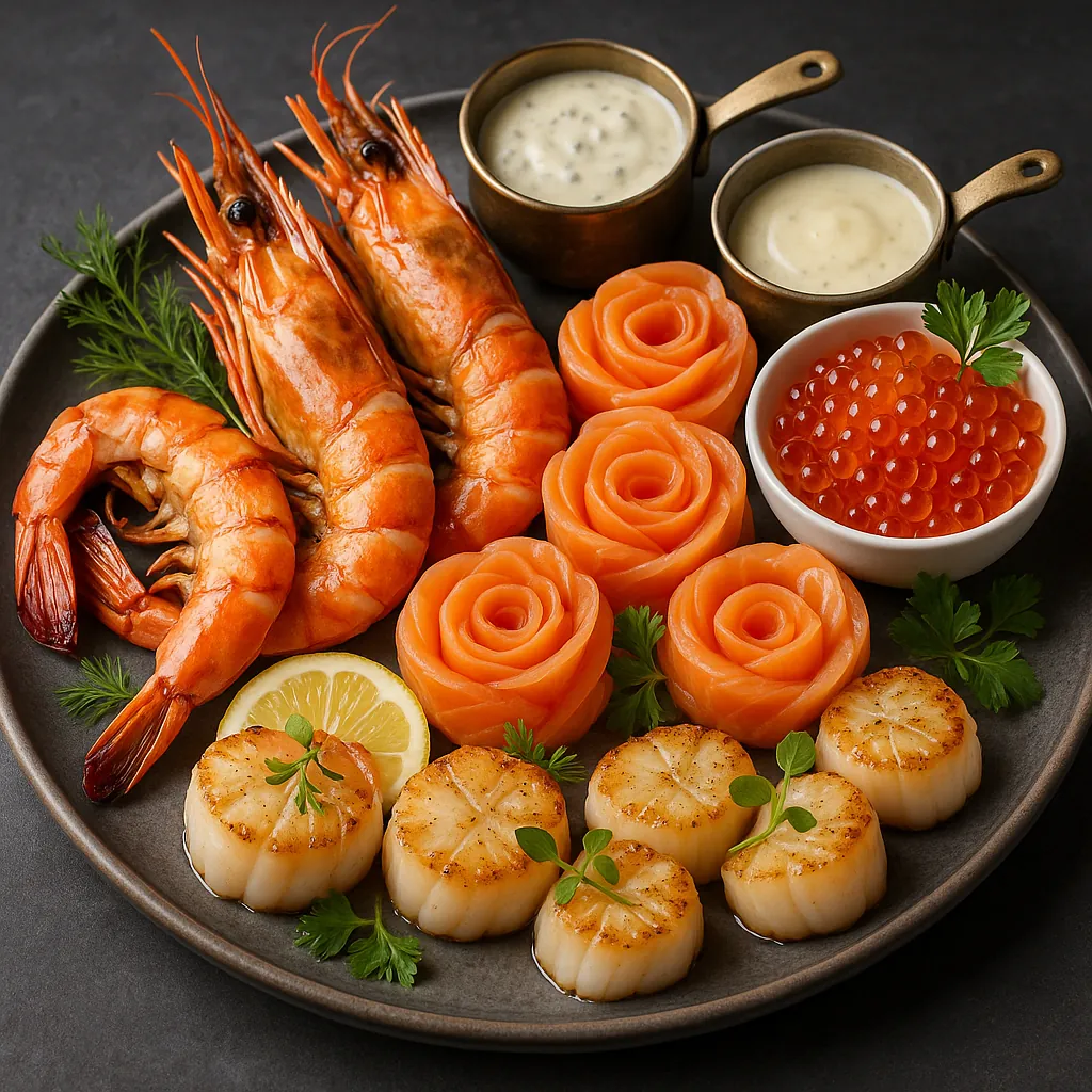 Discover a puzzle with a sumptuous seafood platter arranged on a dark plate — bright orange prawns and delicate salmon roses sit beside seared scallops, glossy
