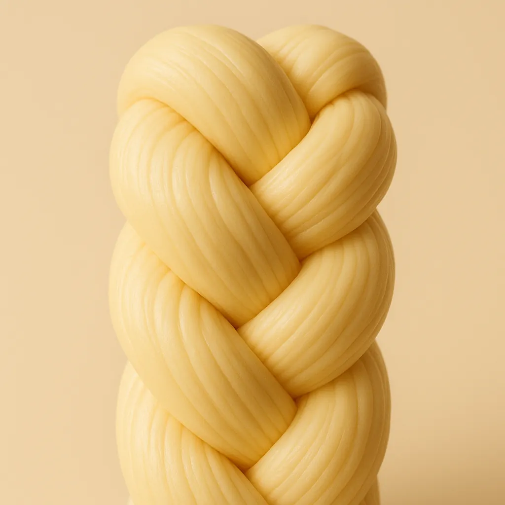 Enjoy assembling a puzzle depicting a close-up braid of soft, creamy strands in warm beige and pale yellow tones.