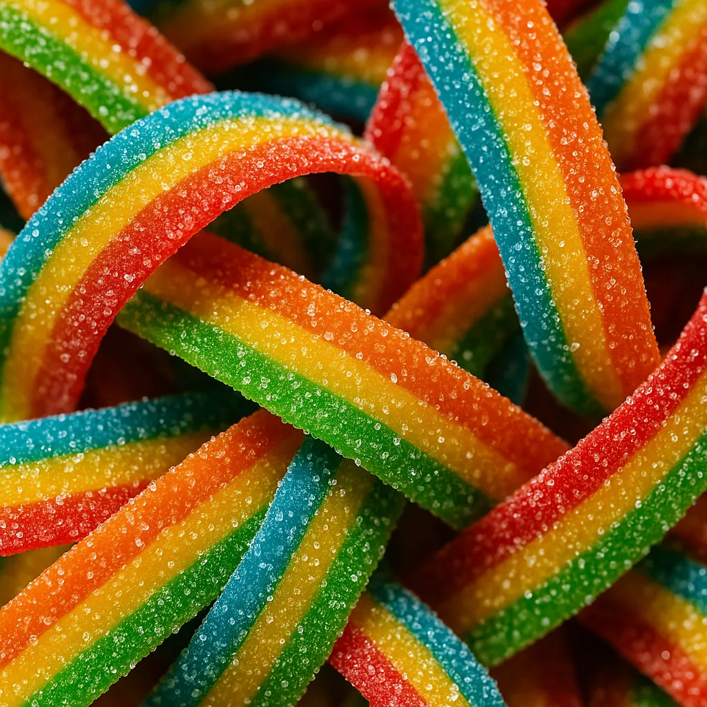 Enjoy an online jigsaw puzzle designed for browser play, featuring a close-up of colorful rainbow sour candy.