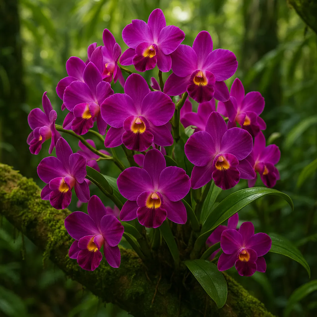 Discover a puzzle with a close-up cluster of vivid magenta orchids, their golden-yellow throats glowing against glossy green leaves and a moss-covered branch in