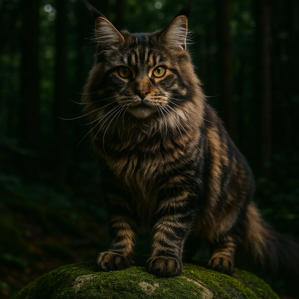Discover a puzzle with a majestic long-haired tabby cat perched on a mossy rock in a shadowy forest.