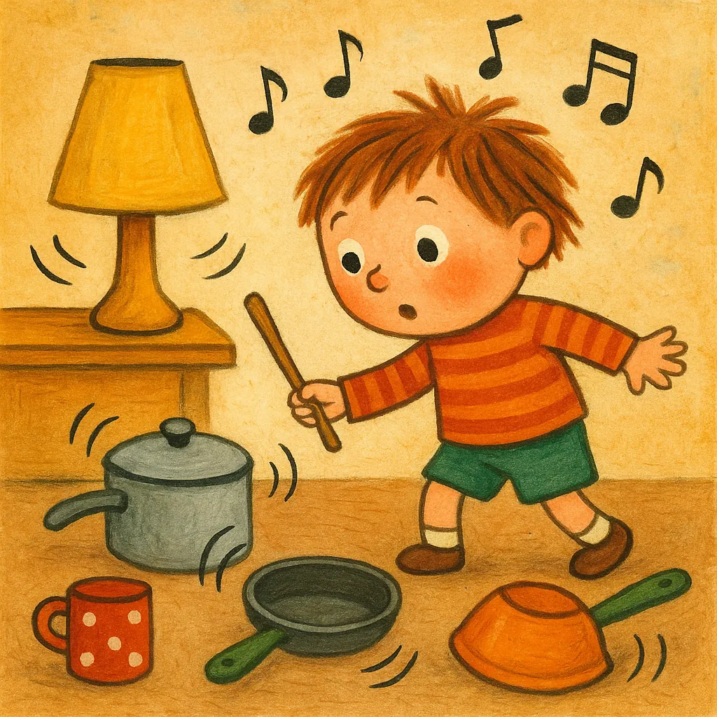 Enjoy an online jigsaw puzzle designed for browser play, featuring a playful indoor scene of a child making music with pots and pans — a cozy mix of kids and ho