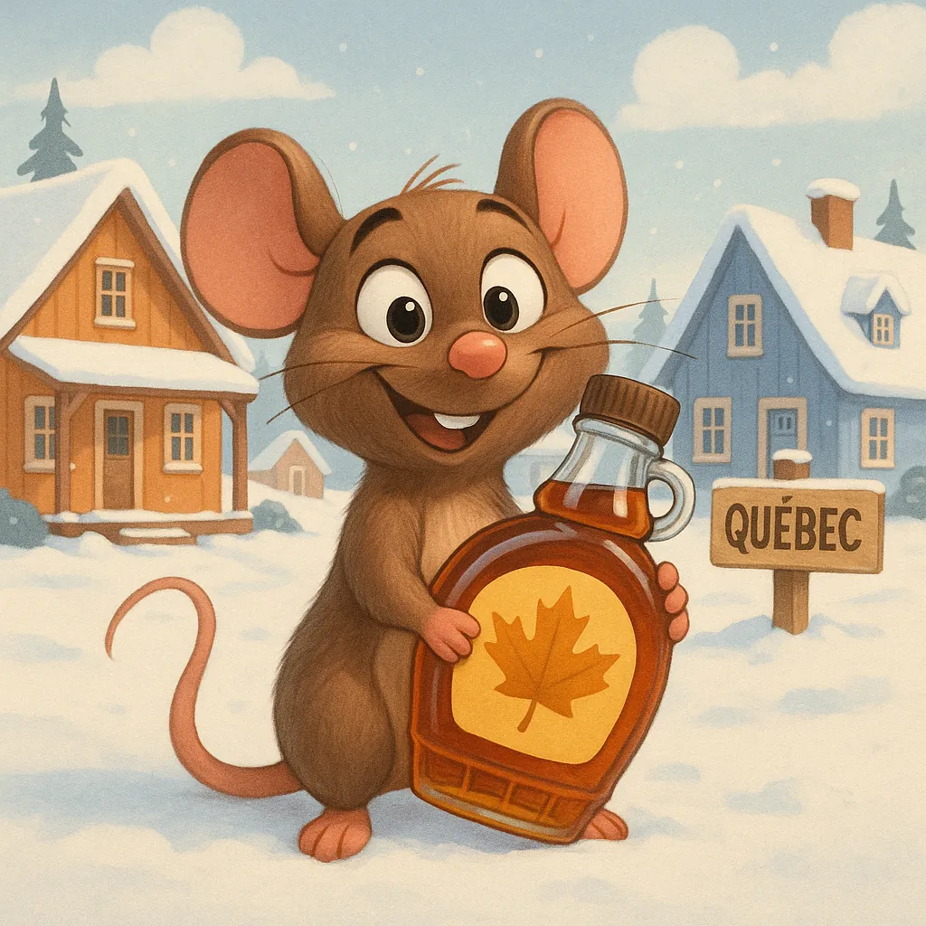Enjoy assembling a puzzle depicting a cheerful cartoon mouse holding a bottle of maple syrup with a maple-leaf label in a snowy Quebec village.