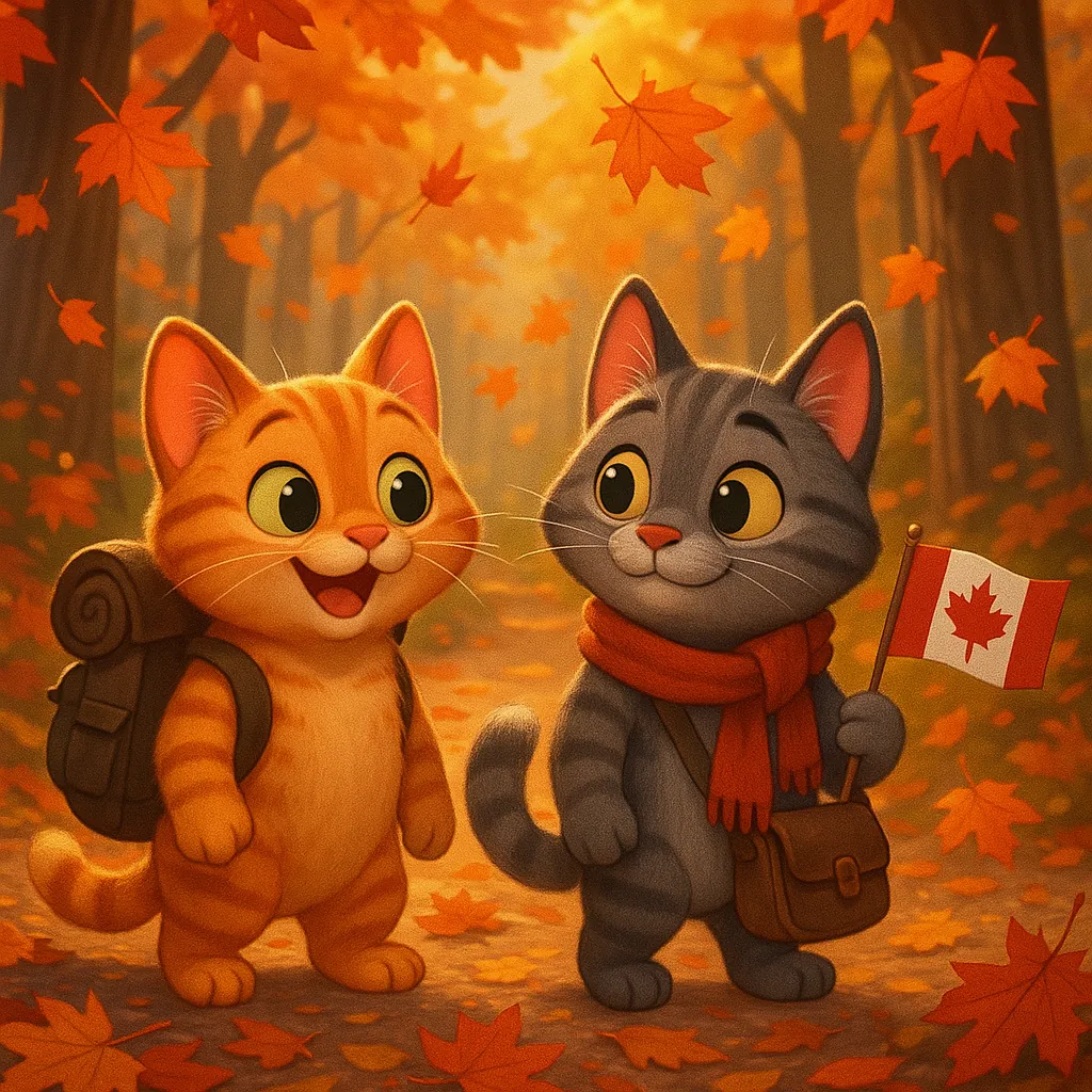 Discover a puzzle with two adorable cartoon cats strolling through a golden autumn forest.