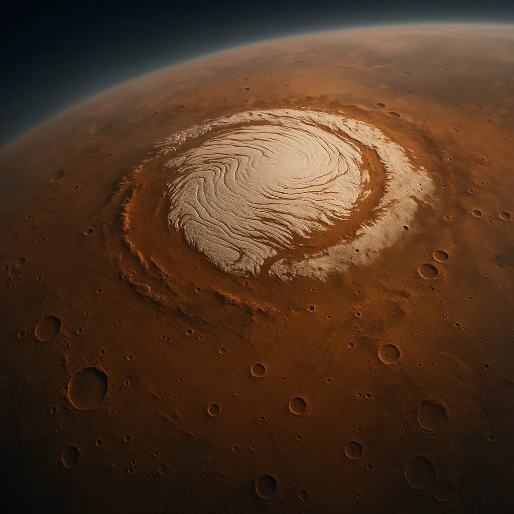 Discover a puzzle with a sweeping view of a planet's polar ice cap set within a rust-colored, cratered landscape.