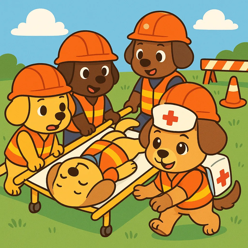 Play an online jigsaw puzzle in your browser that shows a friendly rescue scene with adorable cartoon dogs, perfect for lovers of animals and bright, playful ar