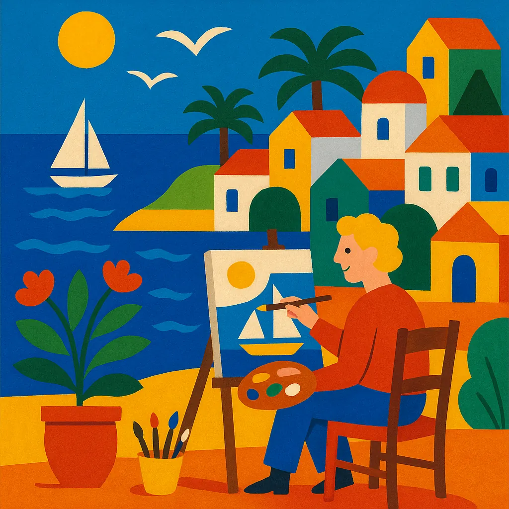 Discover a puzzle with a cheerful seaside scene: a painter at an easel captures a bright coastal village of geometric houses, palm trees, and a sailboat on deep