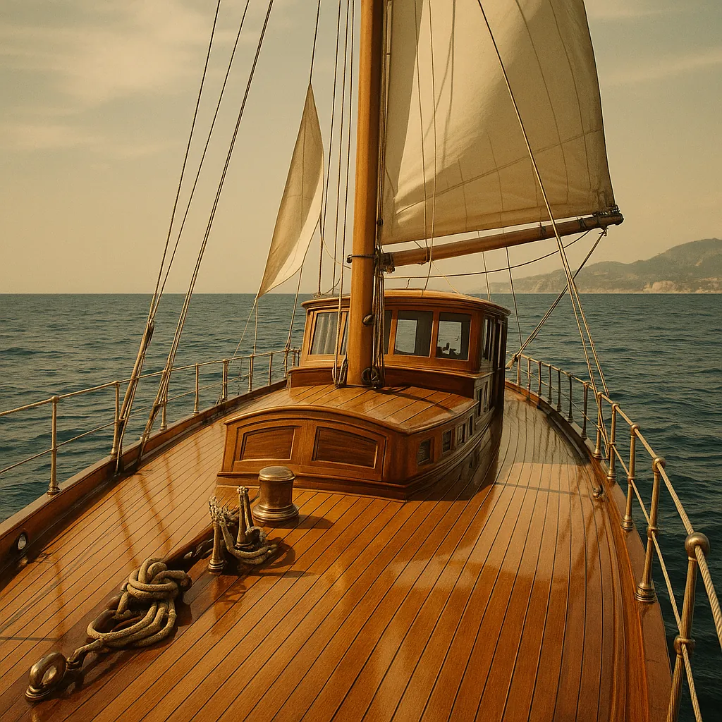 Discover a puzzle with a polished wooden sailboat cutting gently through calm blue waters, its warm teak deck and billowing cream sails glowing in soft, golden