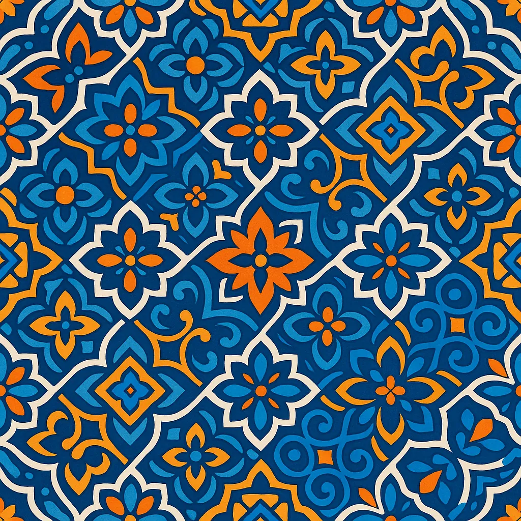 Discover a puzzle with a vibrant geometric tile pattern of layered floral motifs in deep blues, bright turquoise, and warm orange accents.