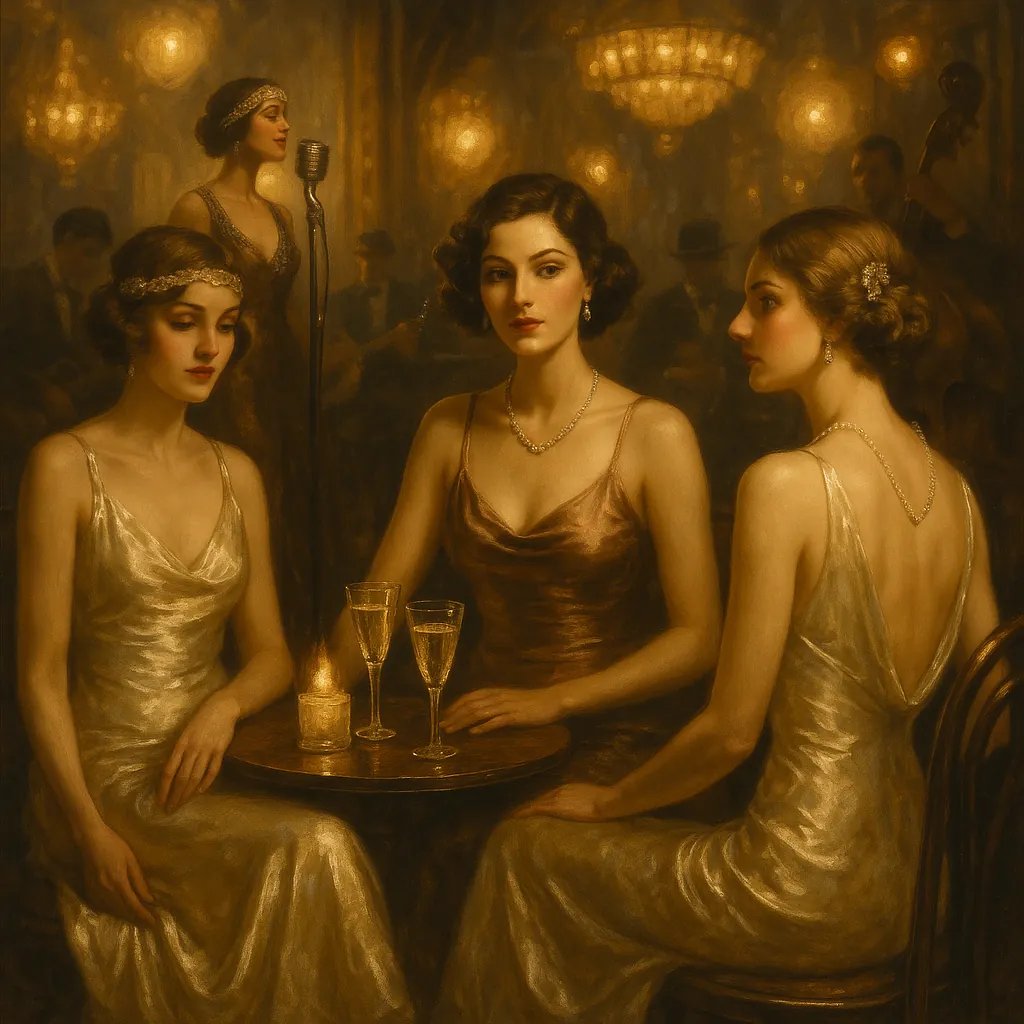 Enjoy assembling a puzzle depicting three elegant women in satin gowns gathered at a small candlelit table in a vintage jazz club.