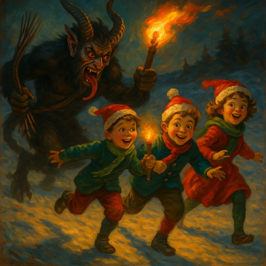 Discover a puzzle with three cheerful children in Santa hats running through a snowy night, torchlight glowing warmly against deep blue shadows as a horned, sha