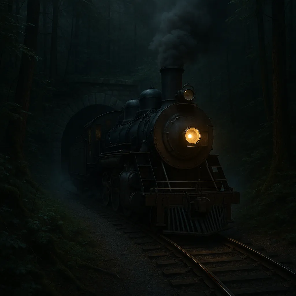 Enjoy assembling a puzzle depicting a vintage steam locomotive emerging from a dark forest tunnel on PuzzleFree.Game.