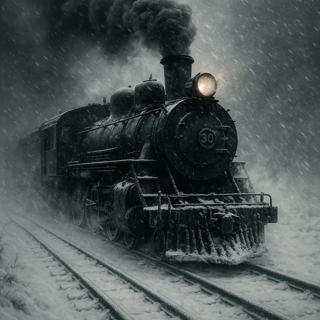 Discover a puzzle with a vintage steam locomotive barreling through a heavy winter snowstorm, its lone headlight cutting a warm, golden beam through swirling fl