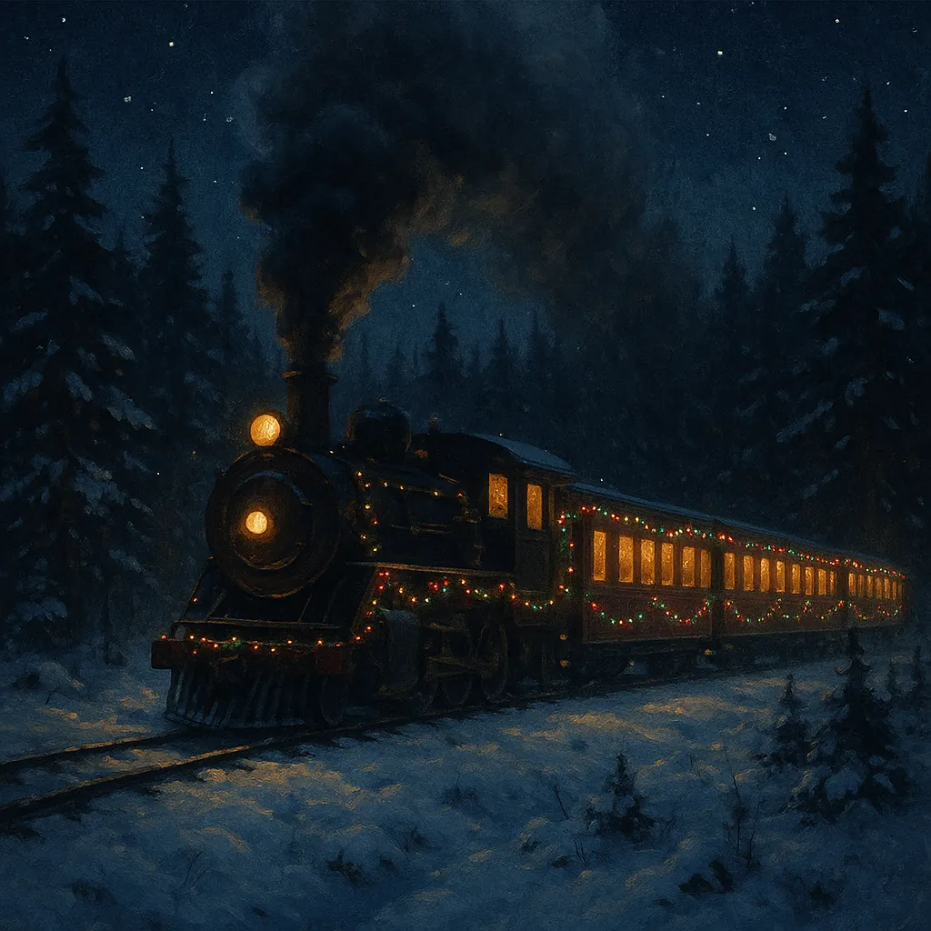 Enjoy an online jigsaw puzzle designed for browser play, featuring a festive steam train carrying warm lights through a snowy forest landscape.