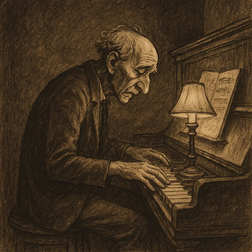 This online jigsaw puzzle features a tender, artistic portrait of an elderly man playing the piano, blending themes of music and classic illustration.