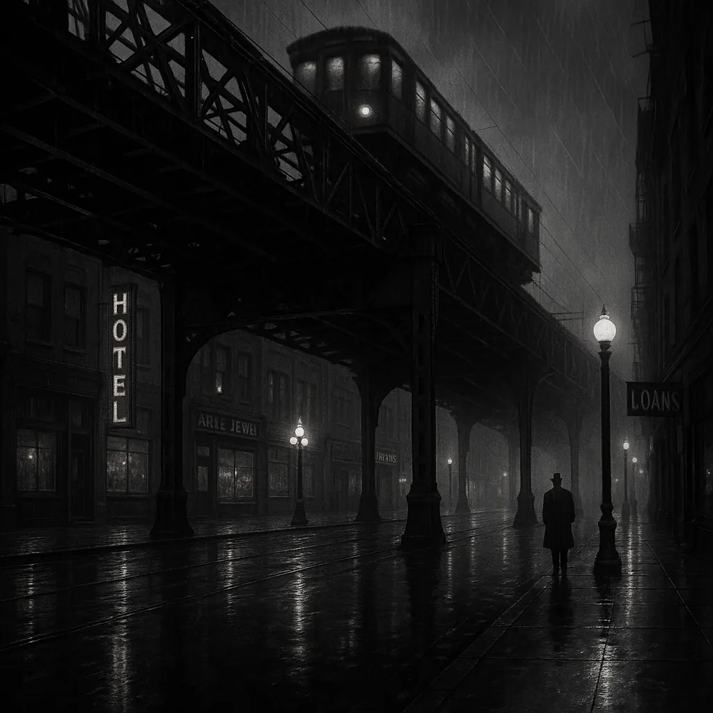 Discover a puzzle with a moody, vintage city scene: a black-and-white, rain-slick street beneath an elevated train, glowing lampposts and shop signs like "HOTEL