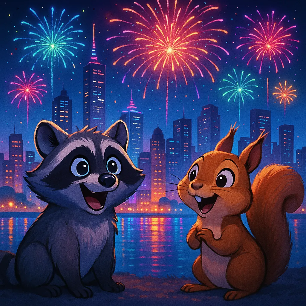 Discover a puzzle with two cheerful woodland friends — a wide-eyed raccoon and an excited squirrel — watching a dazzling fireworks display over a glowing city s