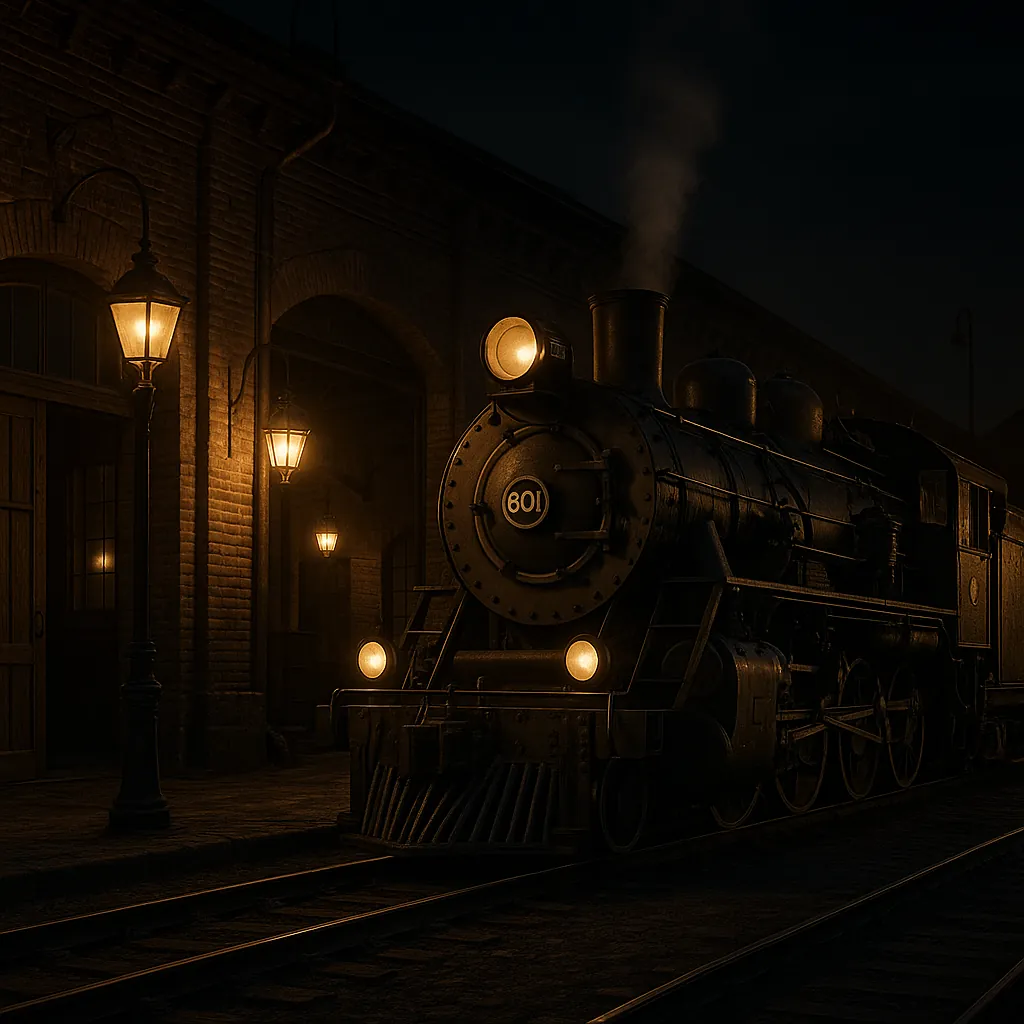 Discover a puzzle with a vintage steam train at a quiet night station, its brass and iron surfaces lit by warm amber lamplight against deep midnight shadows.