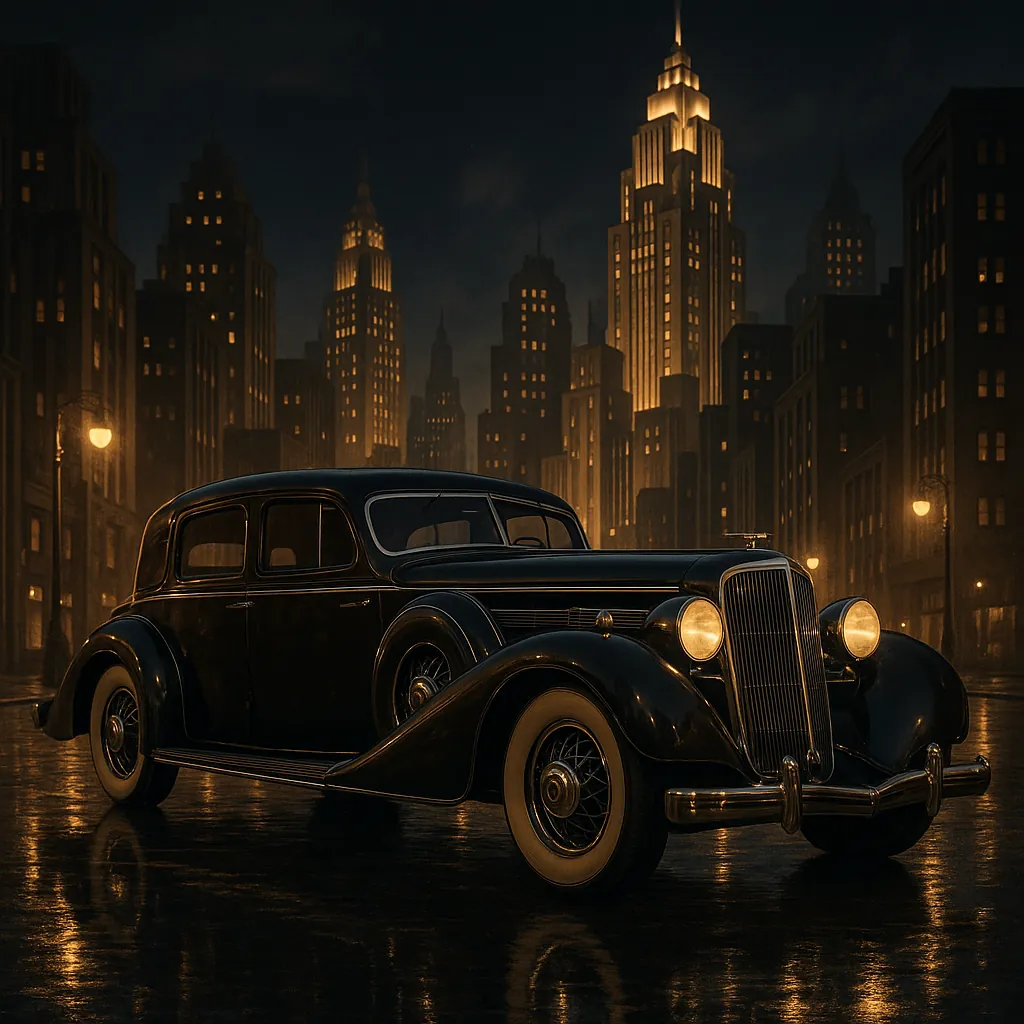 Discover a puzzle with a sleek vintage car parked on a rain-slick street against an art‑deco city skyline at night.