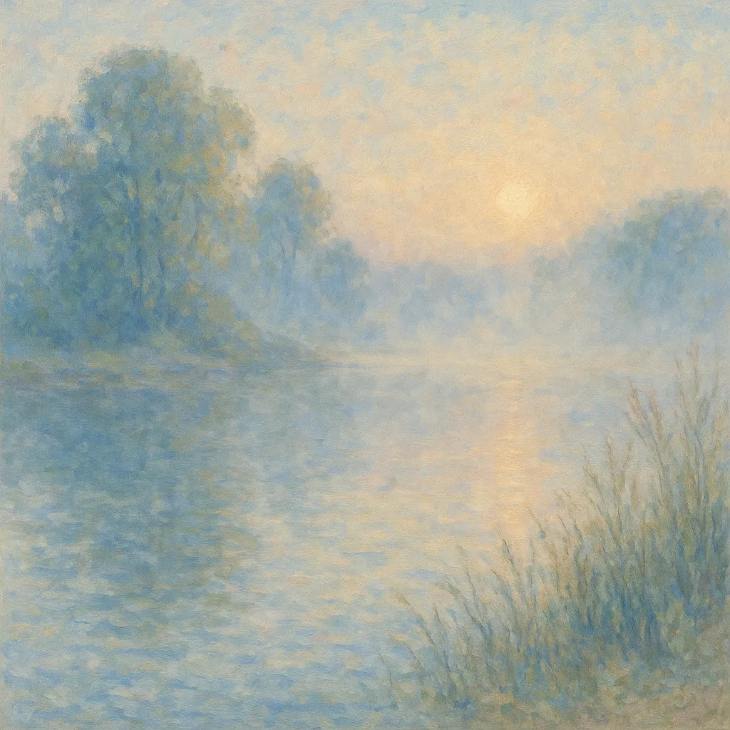 Discover a puzzle with a misty riverscape at sunrise, rendered in soft impressionist strokes that blend pale blues, gentle greens, and warm peachy light.