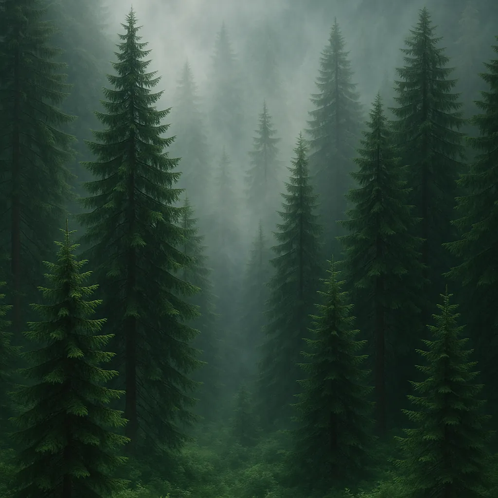 Discover a puzzle with a misty evergreen forest scene, where tall pine trees in rich emerald and deep green tones rise through soft fog and dappled light, creat