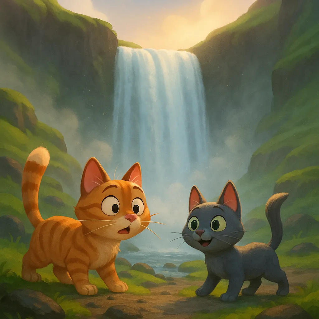 Discover a puzzle with two adorable kittens—an orange tabby and a curious gray cat—exploring a misty valley beneath a tall, gently cascading waterfall.