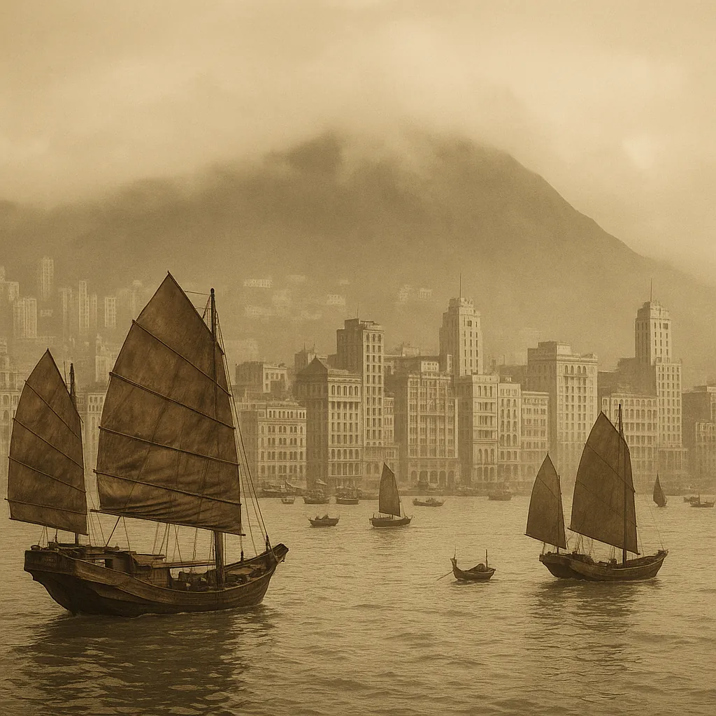 Discover a puzzle with sepia-toned vintage junks sailing gently across a misty harbor in front of a historic city skyline and a shrouded mountain.