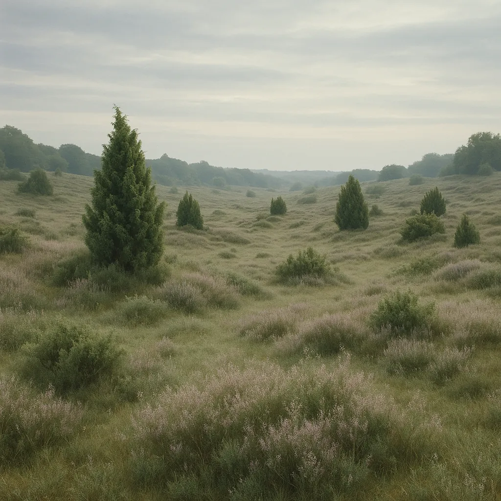 Discover a puzzle with a misty heathscape dotted with soft-green conifers and swathes of pale pink heather stretching toward a distant tree-lined horizon.