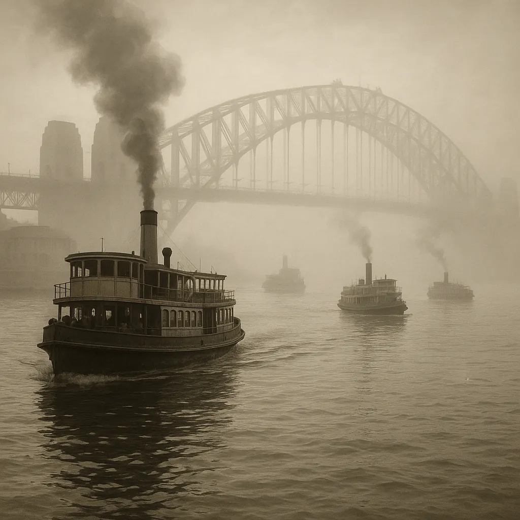 Enjoy assembling a puzzle depicting a sepia-toned river scene with vintage steam ferries gliding through soft morning fog beneath a grand arched bridge.
