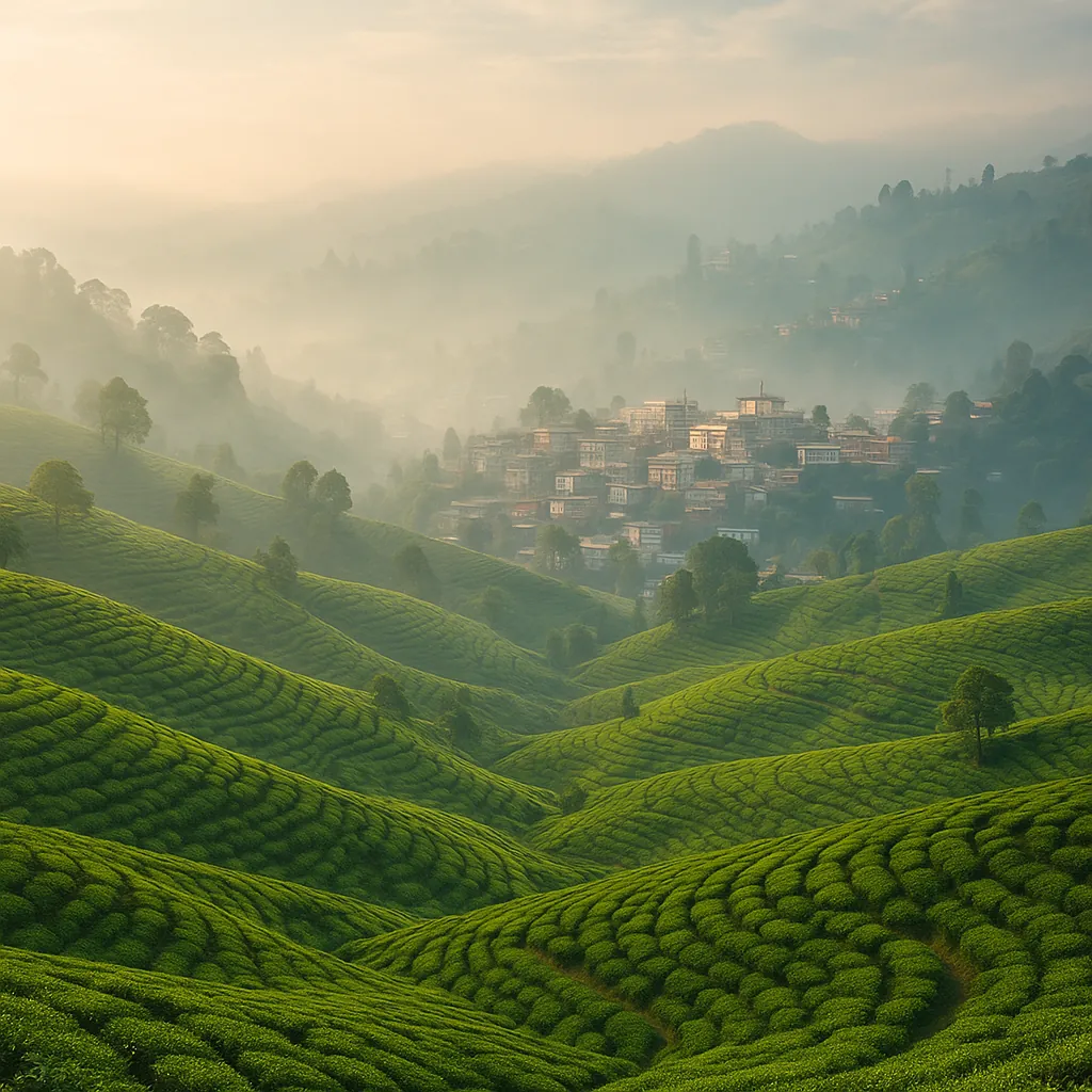 Discover a puzzle with a misty hillscape of rolling green tea terraces and a small village tucked into the valley.